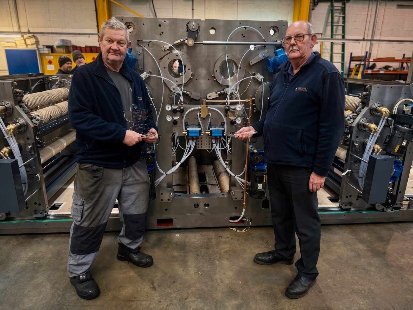 Stuart and Ian Evans holding their awards beside a press under build at the Kettering works