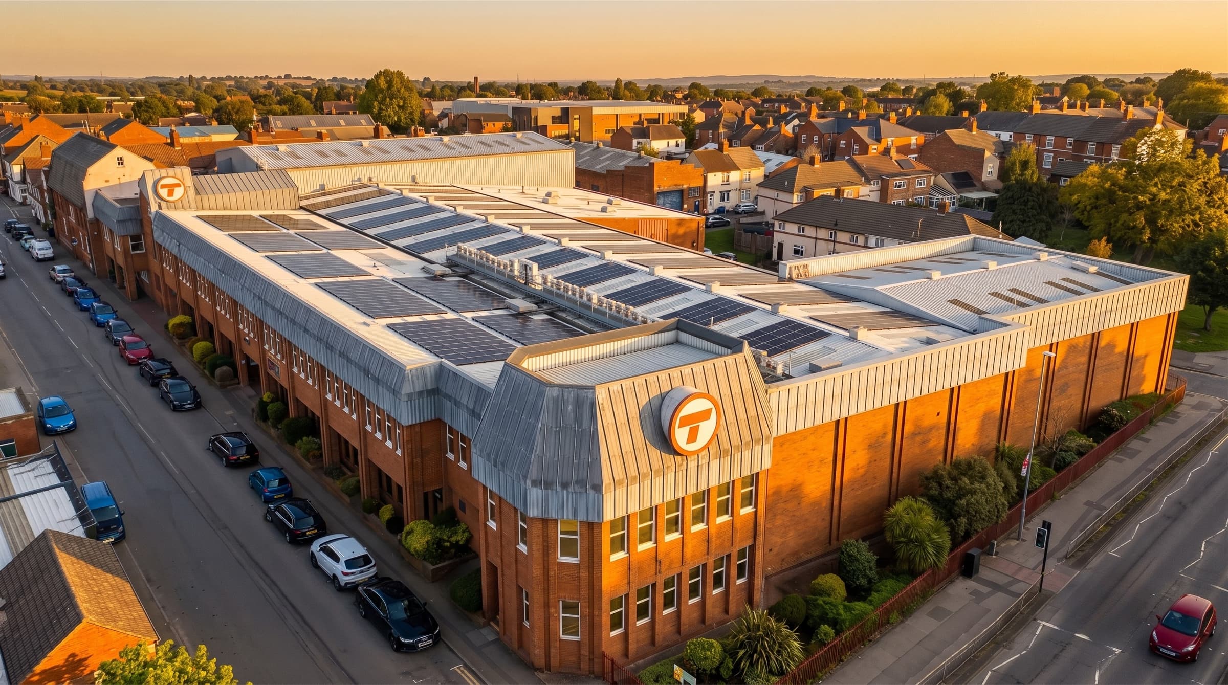 The Timsons works on Bath Road, Kettering, from the air at sunset