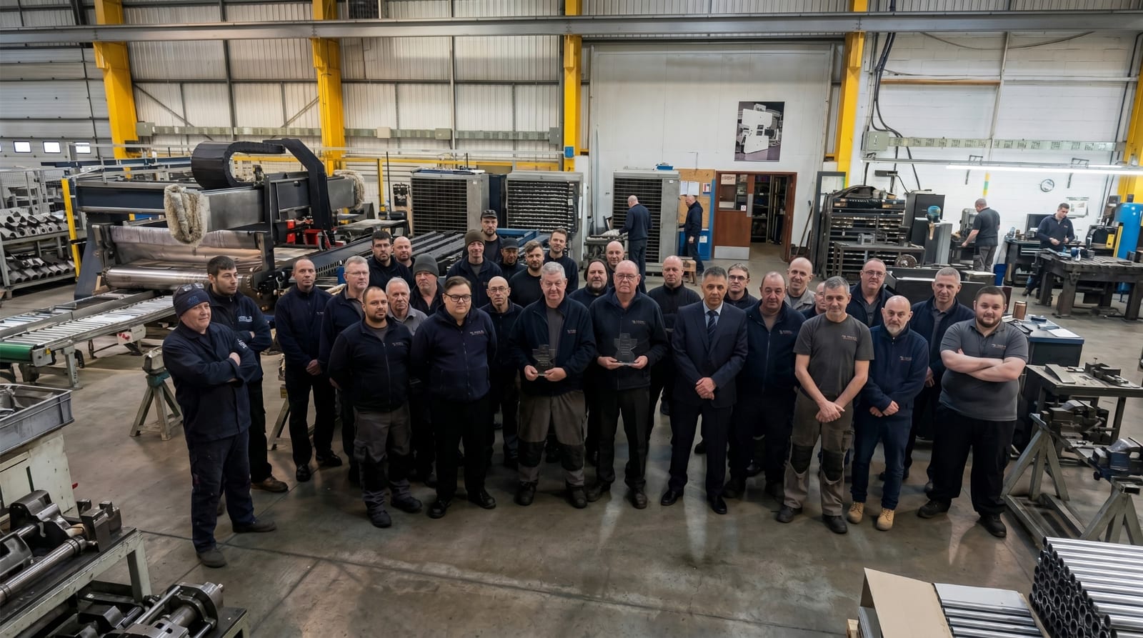 The Kettering workforce gathered around Stuart and Ian Evans